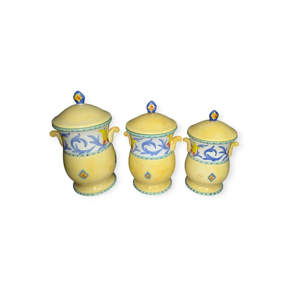 Set of 3 Karidesign Desert Ridge Imports Canisters-Yellow w/Floral Design